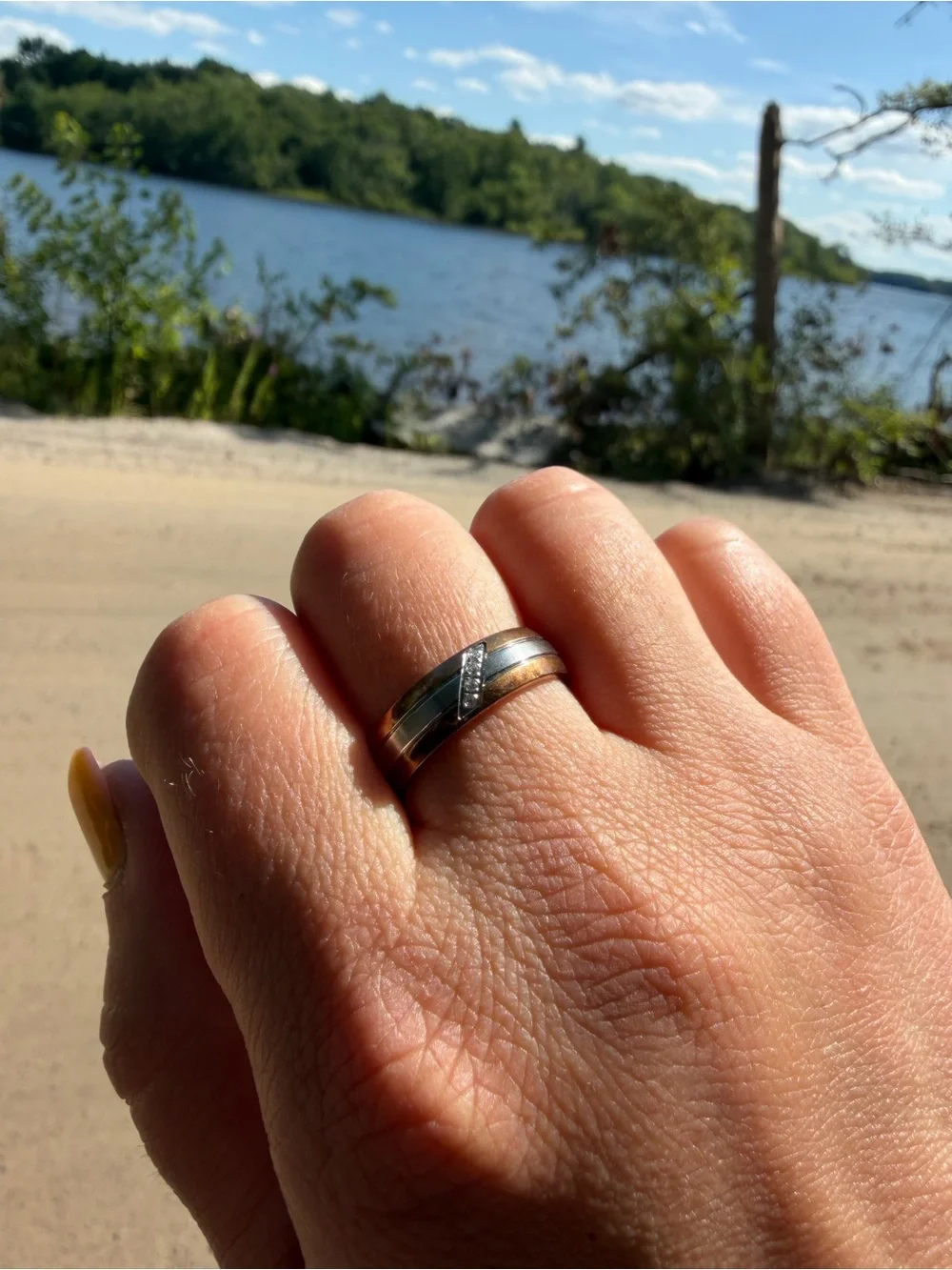 Two-Tone Women's Band Ring with Diagonal Accent Stones - Gold & Silver